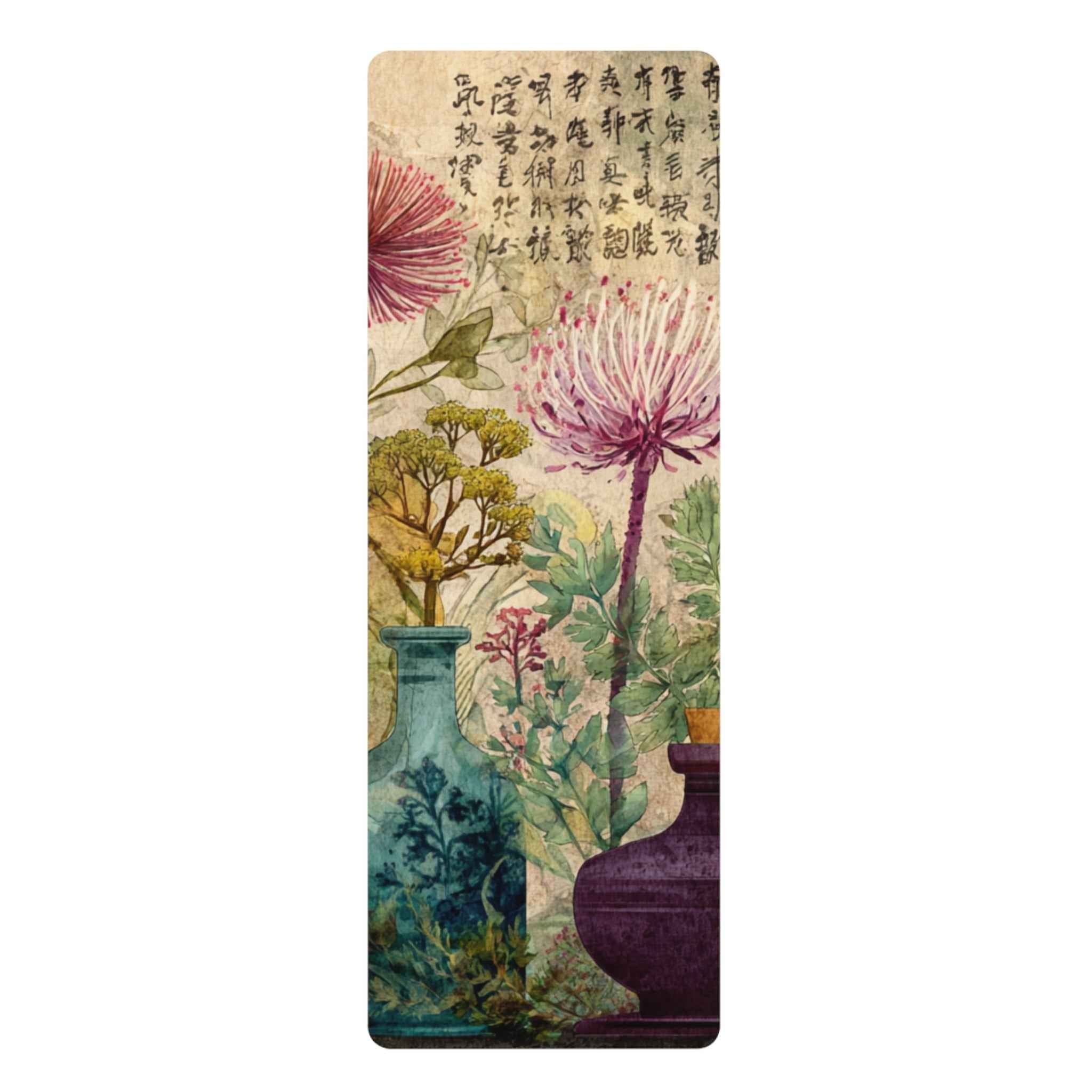 Asian Botanical Print Yoga Mat - Eco-Friendly Rubber Surface for Comfort and Stability